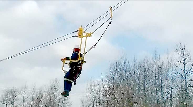 A rig worker demonstrating one of Ride Inc's emergency egress systems